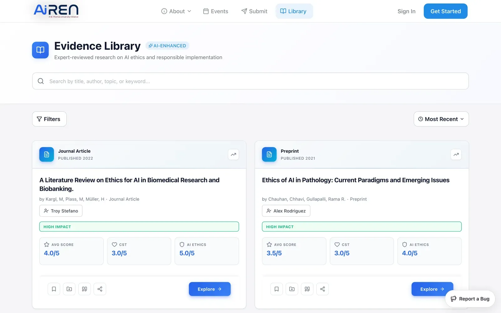 The evidence library — expert-reviewed research on AI ethics and responsible implementation, each item carrying the scores its review gave it.