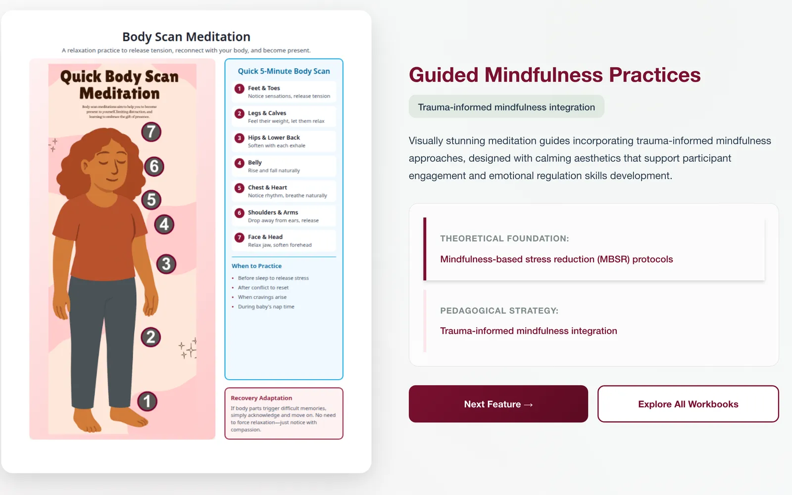 The infographics the workbooks are built on: a practice drawn as a page a reader can follow, with the theoretical foundation and the pedagogical strategy behind it named beside it.