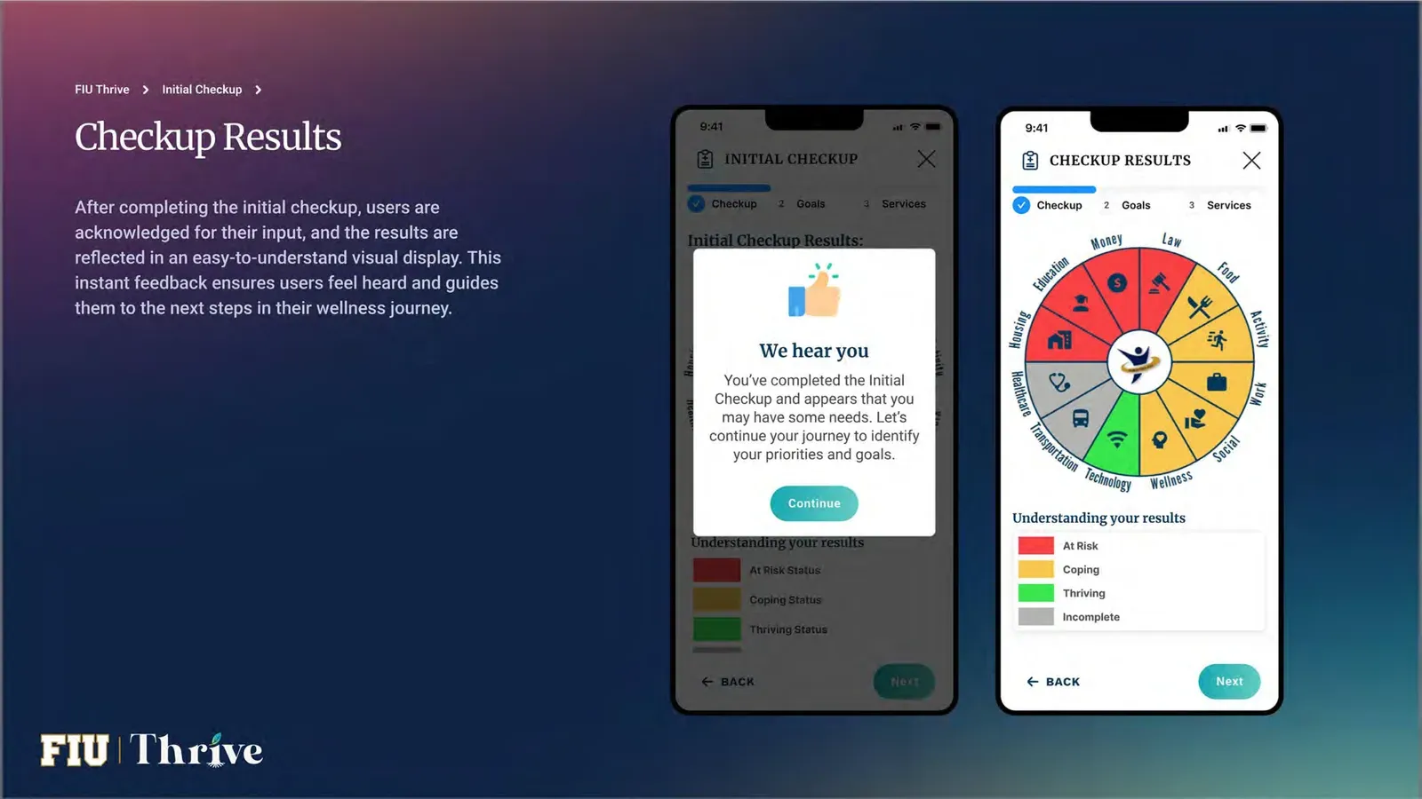 The checkup comes back as a wheel: twelve areas of life, each colored for whether a person is at risk, coping or thriving.