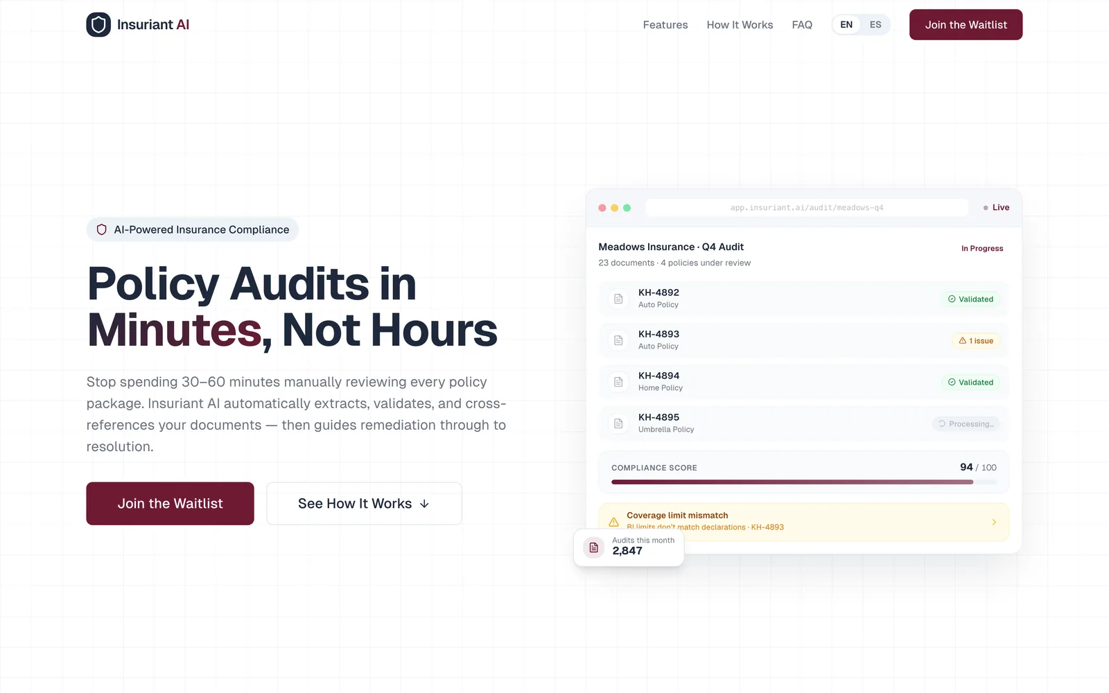 Insuriant AI at insuriant.ai: policy audits in minutes rather than hours, in English or in Spanish.